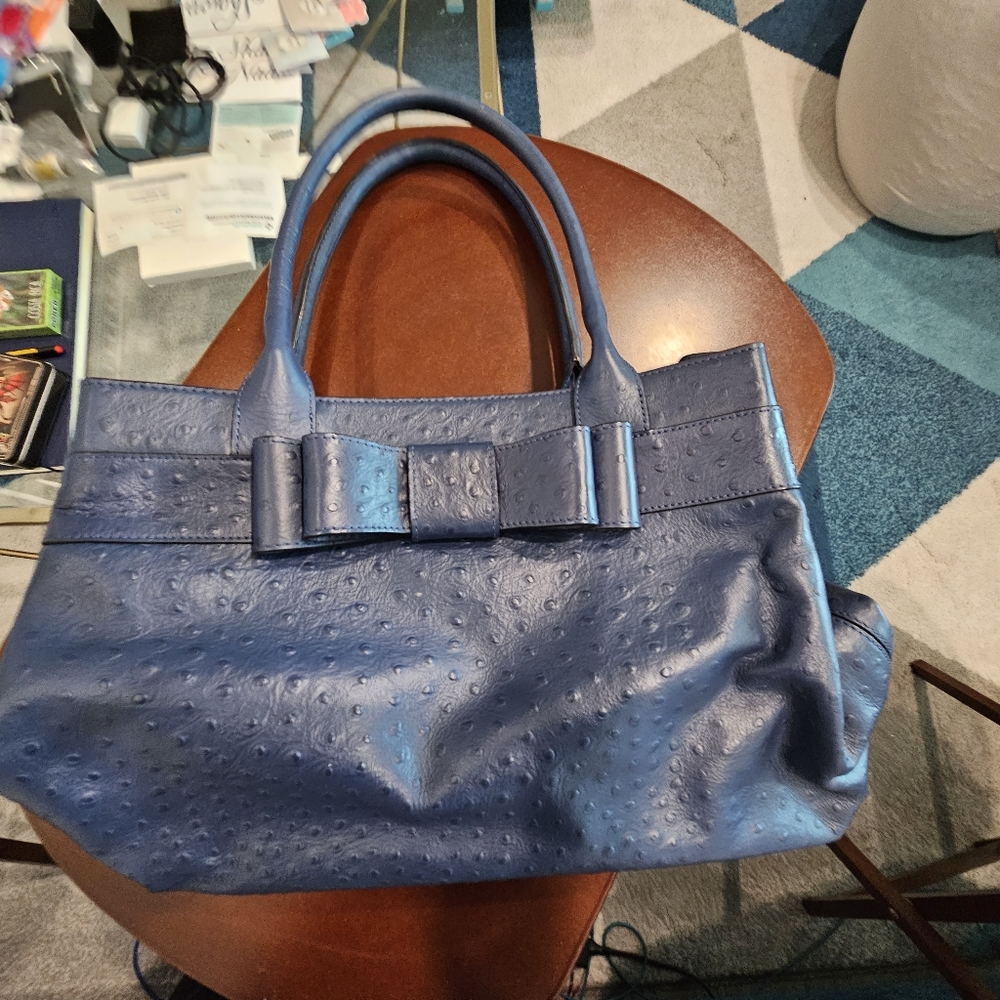 Extra Large Navy Peacock Leather Purse EUC